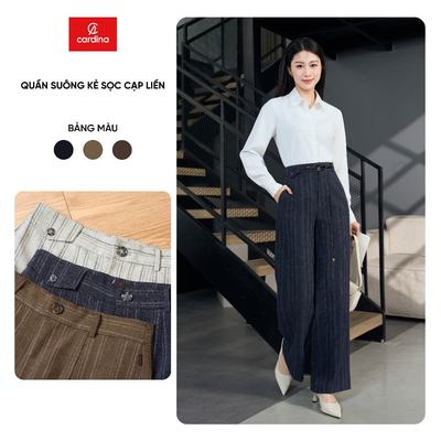 Quần dài kẻ nữ CARDINA Chất liệu tuýtsi kẻ sọc cạp liền dáng suông kèm dây đai trang trí 6QDT08