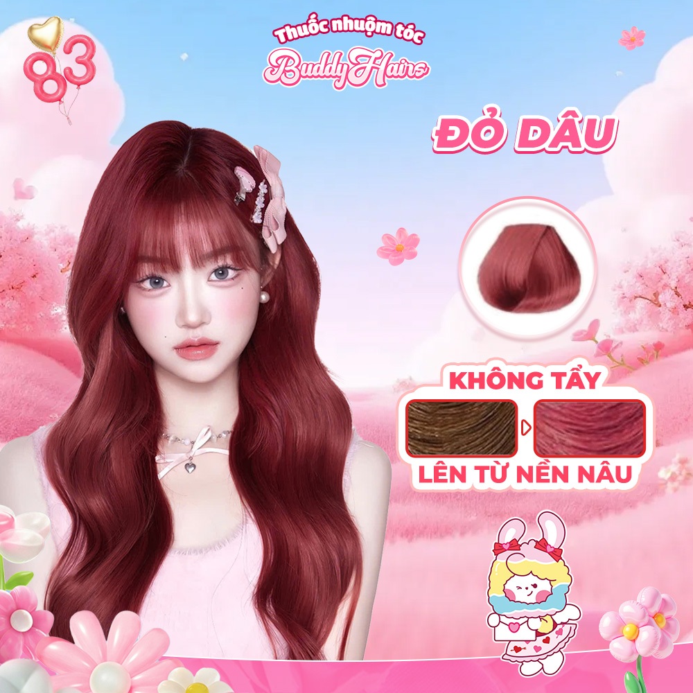 Thuốc nhuộm tóc màu ĐỎ DÂU, ĐỎ RƯỢU VANG thuốc nhuộm tóc không cần tẩy, kem nhuộm tóc tại nhà Buddyhairs tặng kèm dụng