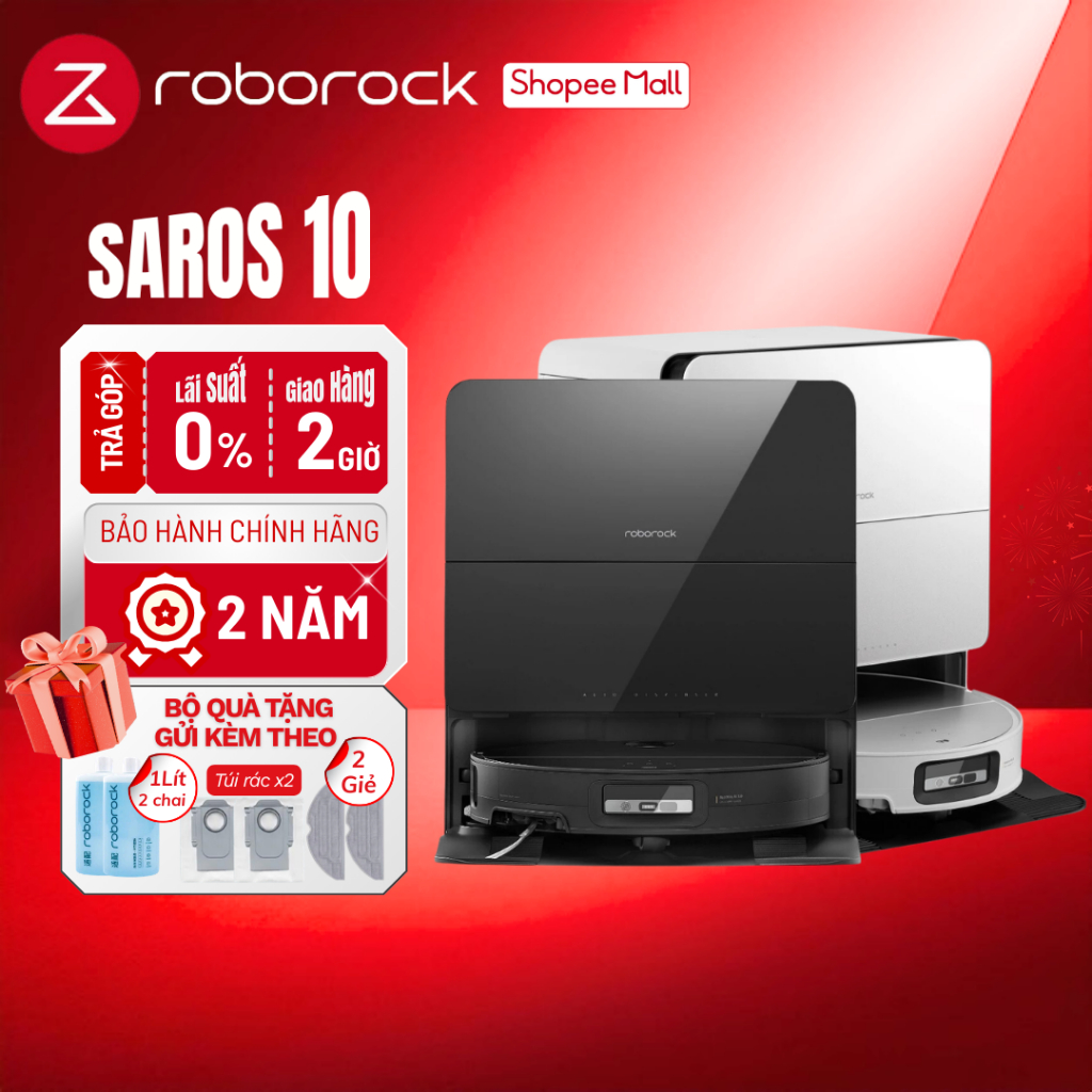 Roborock Saros 10 - Robot hút bụi lau nhà, Lực hút 22.000Pa, Kích thước 350x353x79.8mm, Dung lượng hộp chứa bụi 270ml, Màu Đen/Trắng