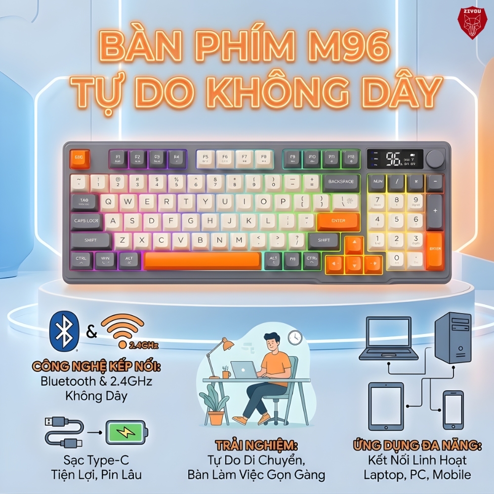 Bàn Phím Không Dây Free Wolf M96 -  Tích Hợp Màn Hình, Núm Xoay, Gõ Êm Giảm Ồn, Dung Lượng Pin Lớn | BigBuy360 - bigbuy360.vn