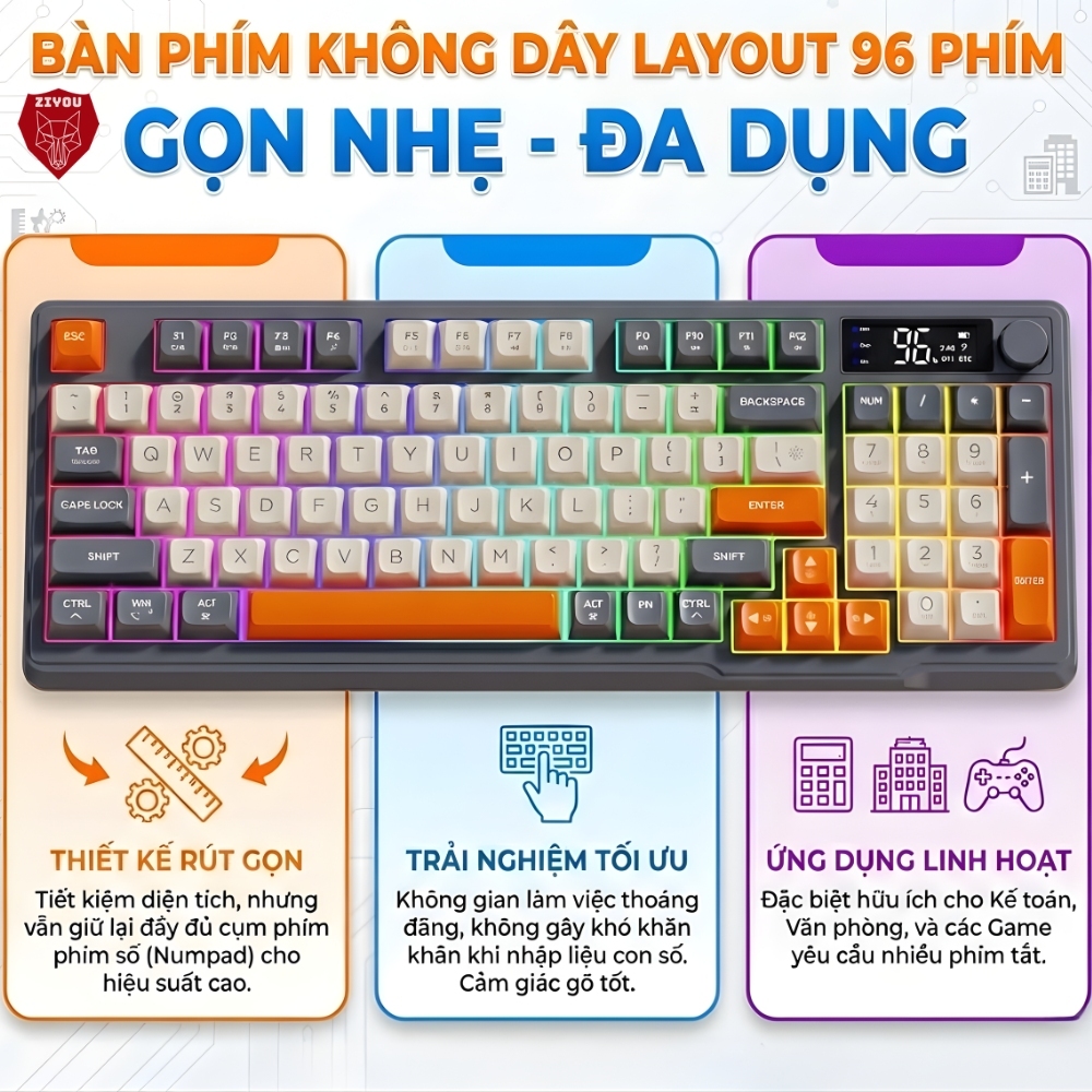 Bàn Phím Không Dây Free Wolf M96 -  Tích Hợp Màn Hình, Núm Xoay, Gõ Êm Giảm Ồn, Dung Lượng Pin Lớn | BigBuy360 - bigbuy360.vn