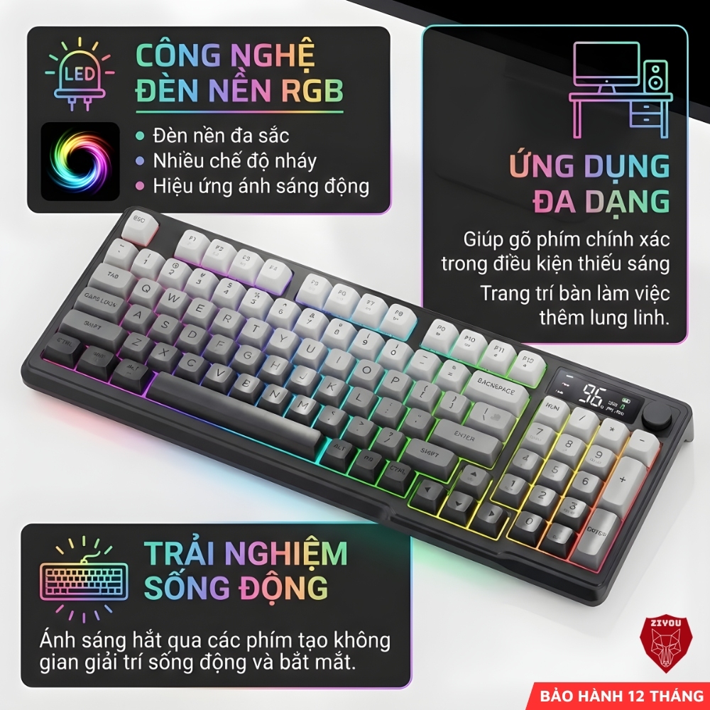 Bàn Phím Không Dây Free Wolf M96 -  Tích Hợp Màn Hình, Núm Xoay, Gõ Êm Giảm Ồn, Dung Lượng Pin Lớn | BigBuy360 - bigbuy360.vn
