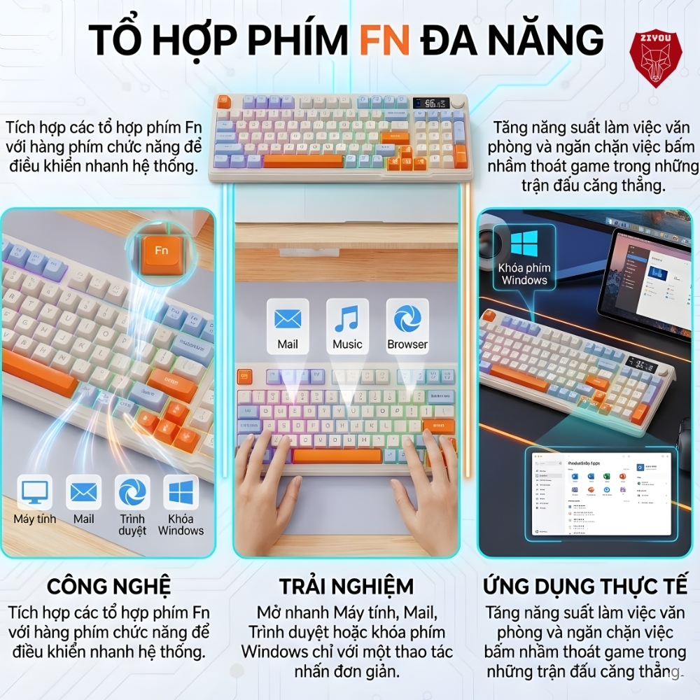 Bàn Phím Không Dây Free Wolf M96 -  Tích Hợp Màn Hình, Núm Xoay, Gõ Êm Giảm Ồn, Dung Lượng Pin Lớn | BigBuy360 - bigbuy360.vn