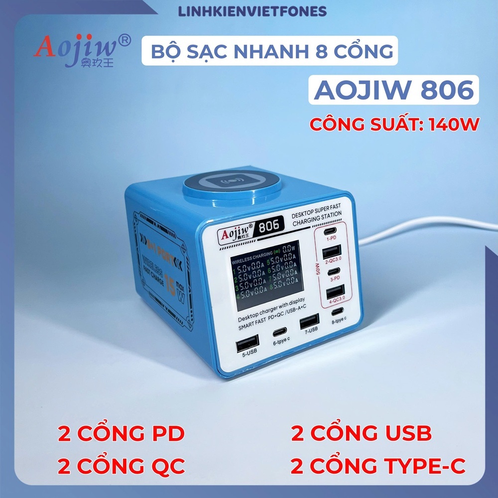 Bộ sạc 8 cổng 140W Aojiw 806 (Sạc không dây, PD+QC)
