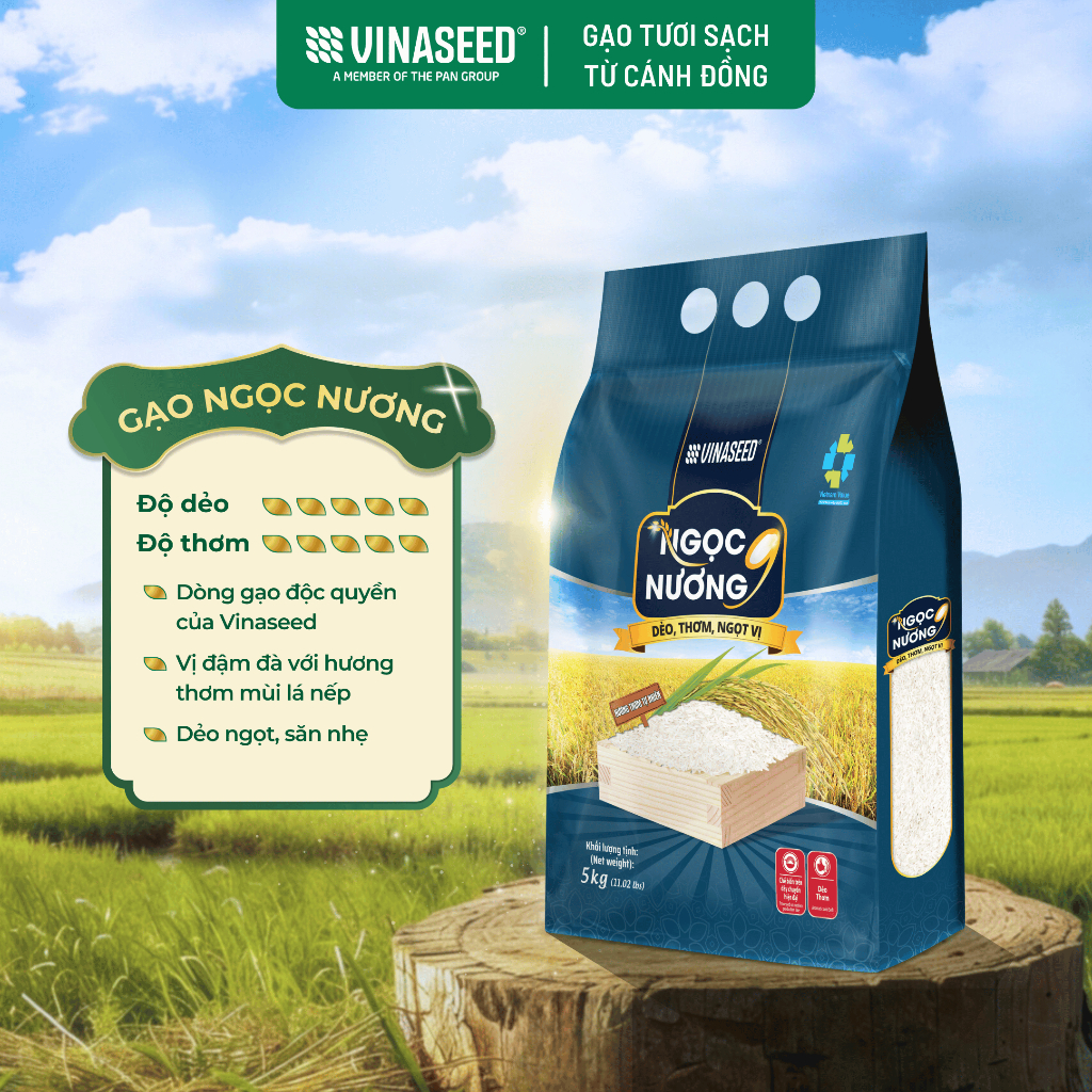 Gạo Thơm Ngọc Nương 9 Vinaseed túi 5kg - Tinh hoa lúa gạo Việt