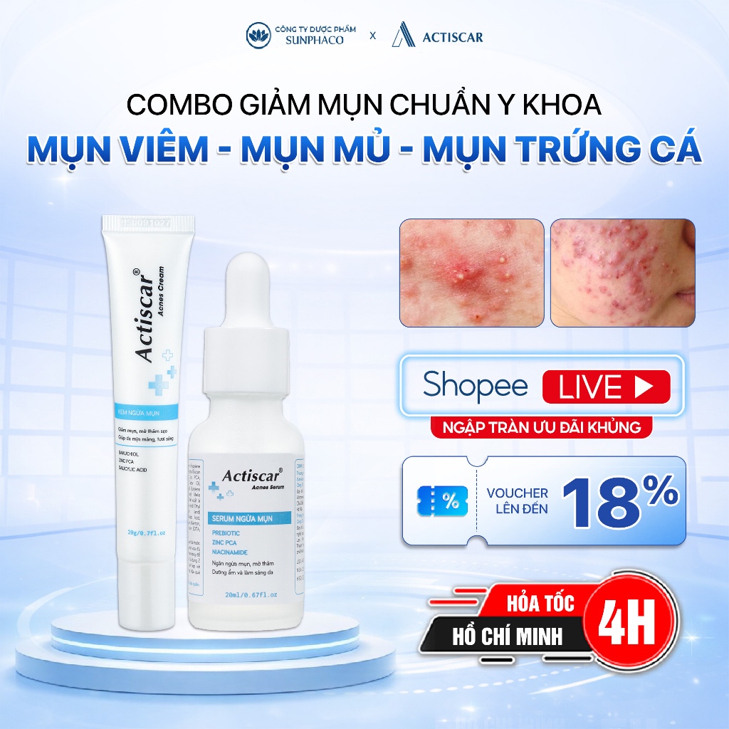 Combo Kem Serum và Miếng dán Mụn ACTISCAR Acnes Giảm Mụn Bọc Mụn Viêm, Mờ Thâm Sẹo