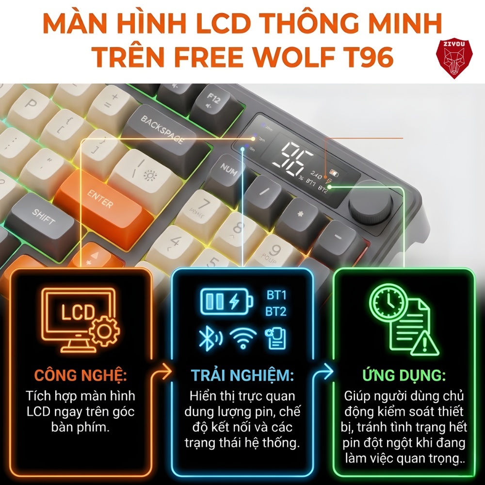 Bộ Phím Chuột Bluetooth Văn Phòng Ziyou T96 LED Màn Hình LCD, Pin Sạc, Gõ Êm Cho Điện Thoại PC Lap | BigBuy360 - bigbuy360.vn