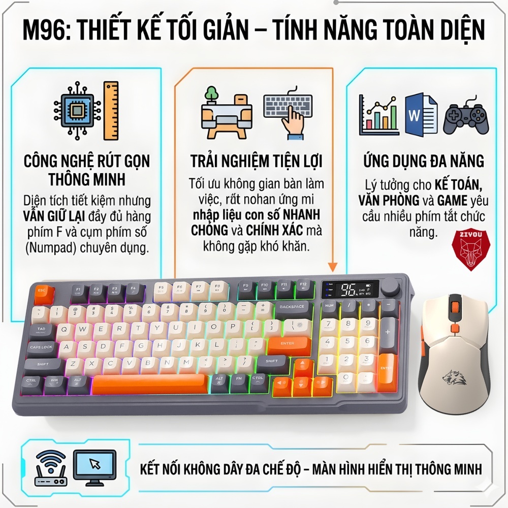 Bộ Phím Chuột Bluetooth Văn Phòng Ziyou T96 LED Màn Hình LCD, Pin Sạc, Gõ Êm Cho Điện Thoại PC Lap | BigBuy360 - bigbuy360.vn