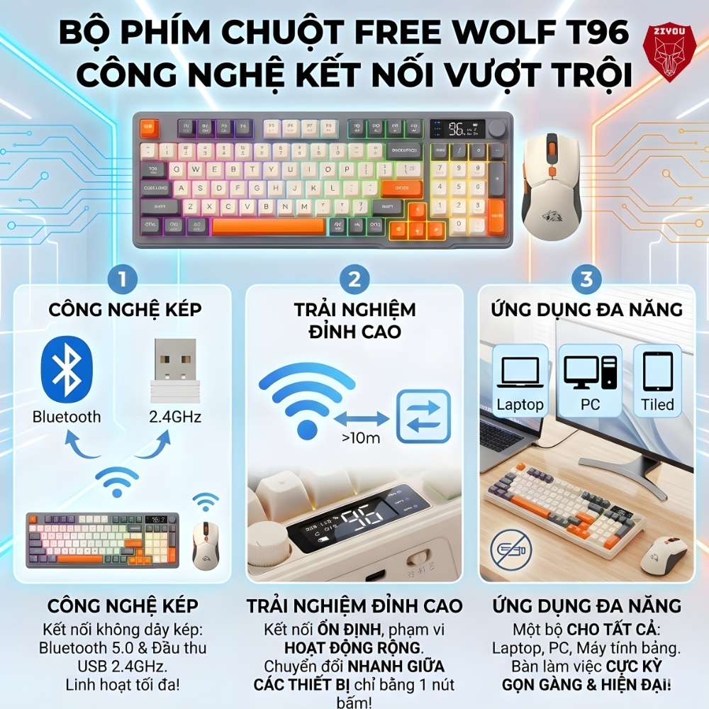 Bộ Phím Chuột Bluetooth Văn Phòng Ziyou T96 LED Màn Hình LCD, Pin Sạc, Gõ Êm Cho Điện Thoại PC Lap | BigBuy360 - bigbuy360.vn
