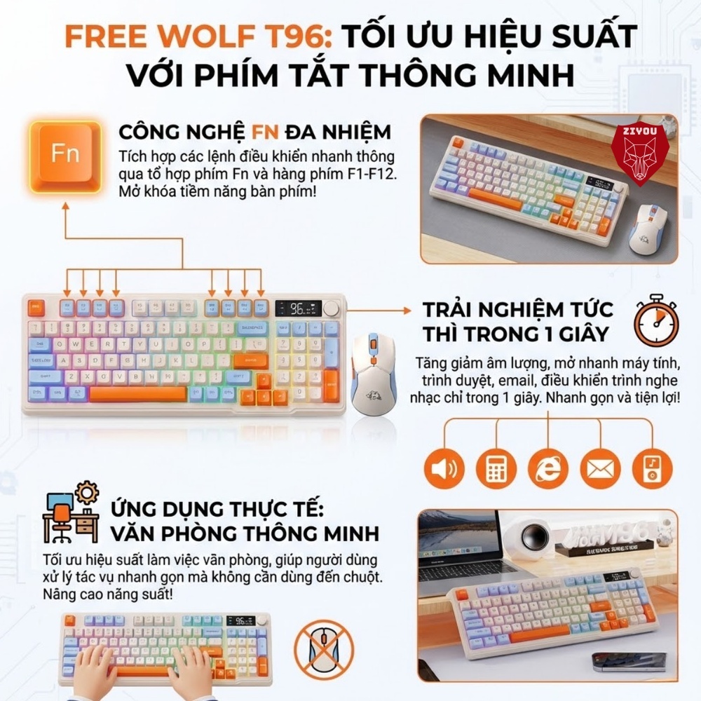 Bộ Phím Chuột Bluetooth Văn Phòng Ziyou T96 LED Màn Hình LCD, Pin Sạc, Gõ Êm Cho Điện Thoại PC Lap | BigBuy360 - bigbuy360.vn
