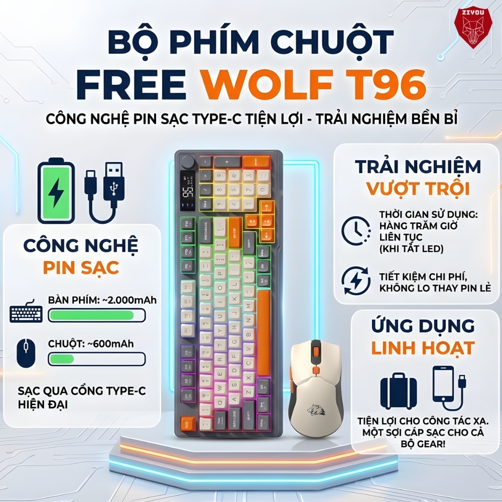 Bộ Phím Chuột Bluetooth Văn Phòng Ziyou T96 LED Màn Hình LCD, Pin Sạc, Gõ Êm Cho Điện Thoại PC Lap | BigBuy360 - bigbuy360.vn