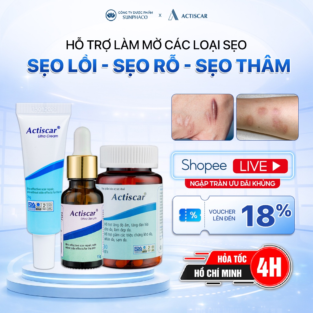 Combo 3 Kem Serum Viên Uống ACTISCAR Hỗ Trợ Mờ Sẹo Lồi, Sẹo Lõm, Sẹo Rỗ, Sẹo Mụn