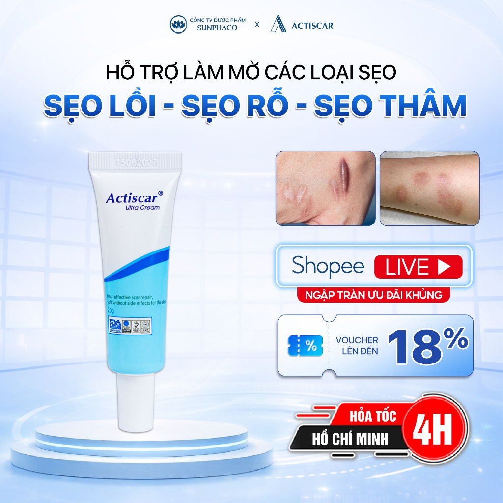 Kem Mờ Sẹo ACTISCAR 20g Hỗ Trợ Và Làm Mờ Sẹo thâm, sẹo Lồi, Sẹo Lõm, Sẹo Rỗ, Sẹo Mụn, sẹo phẫu thuật