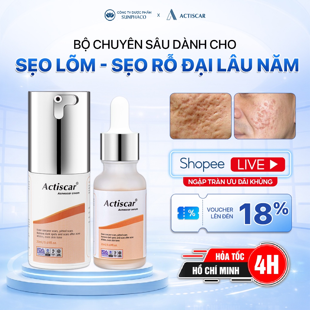 Combo Kem Serum Sẹo Lõm ACTISCAR Làm Mờ Sẹo Lõm, Sẹo Rỗ Do Mụn Lâu Năm