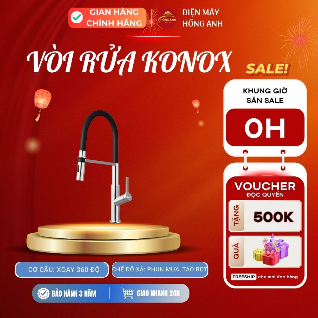 Vòi rửa bát Konox Tema Chrome, xoay 360 độ, nóng lạnh, mạ PVD Chrome 5 lớp, hợp kim đồng CW617N