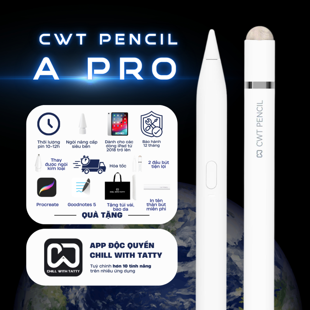 Bút cảm ứng CHILL WITH TATTY Pencil A Pro đa năng dùng trên mọi màn hình cảm ứng I.p.a.d, tablet và điện thoại