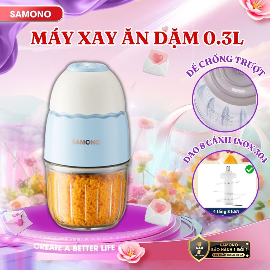 (Cao Cấp- 8 lưỡi) Máy xay ăn dặm 0.3L Samono SW-MC200S cho bé, 200W, cối thủy tinh, xay thịt nhuyễn 