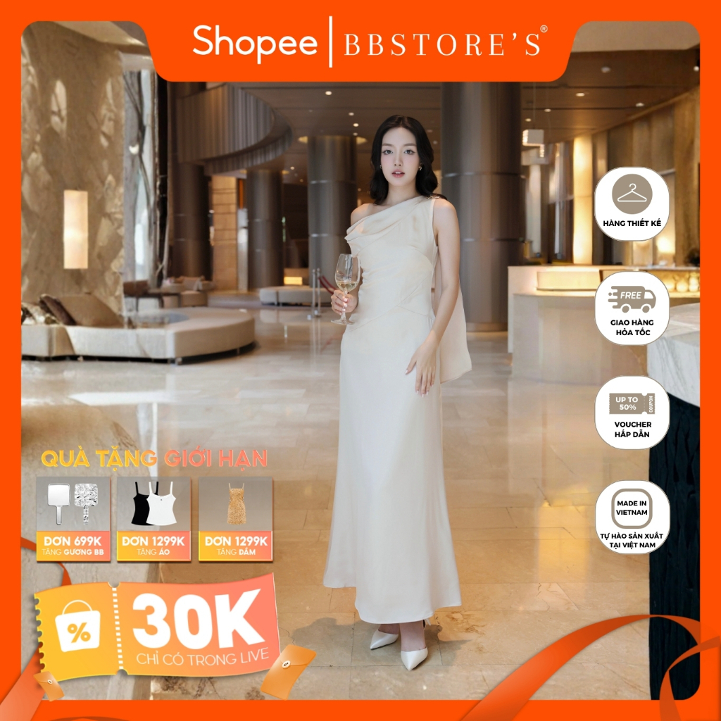 [BBSTORE'S] Đầm Suông Tiệc Lụa Dài Lệch Vai Kèm Tag Cài - D4480B