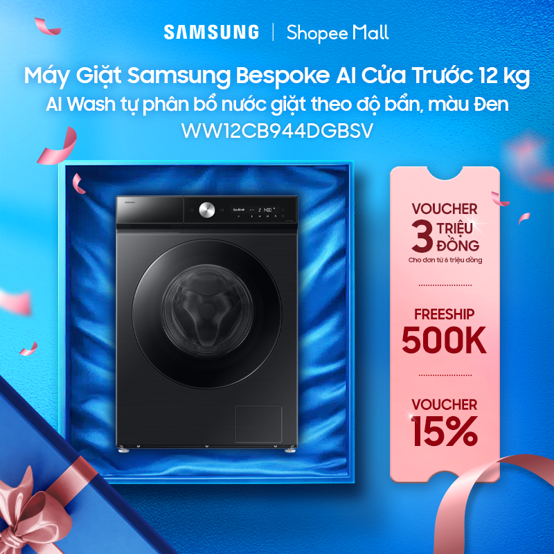 Máy Giặt Samsung Bespoke AI Cửa Trước 12 kg WW12CB944DGBSV - AI Wash tự phân bổ nước giặt theo độ bẩn, màu Đen