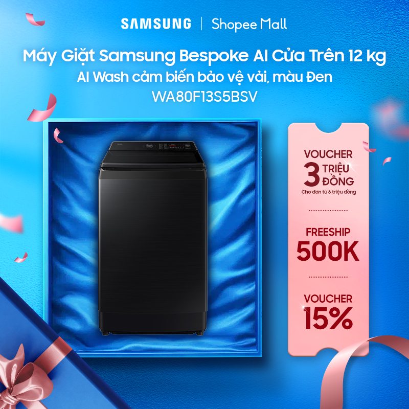 Máy Giặt Samsung Bespoke AI Cửa Trên 13 kg WA80F13S5BSV - AI Wash cảm biến bảo vệ vải, màu Đen