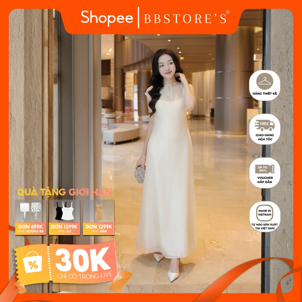 [BBSTORE'S] Đầm Suông Tiệc Dài Hai Dây Lụa Phối Tơ Voan - D4462T