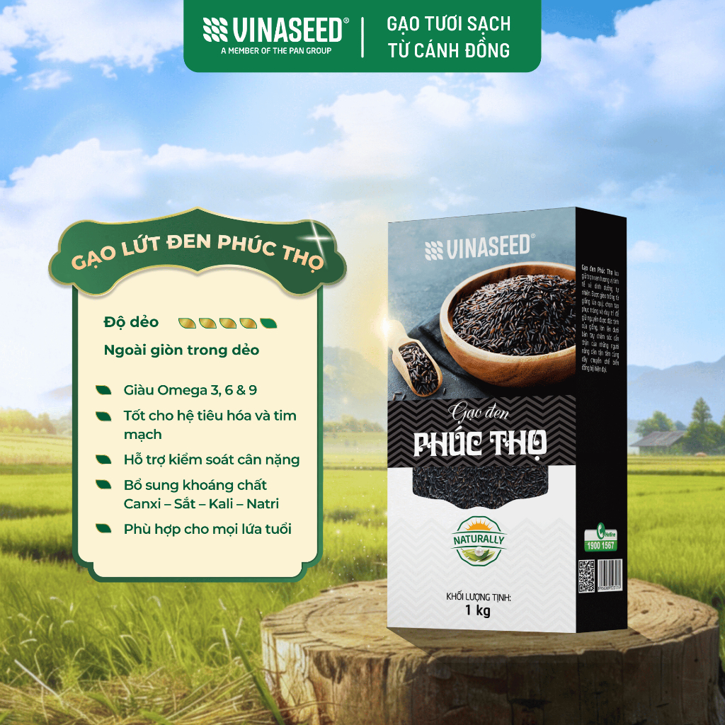 Gạo Lứt Đen Phúc Thọ Vinaseed túi 1kg - Gạo tím than dẻo dành cho người giảm cân, thực dưỡng, ăn kiêng, tiểu đường, bé