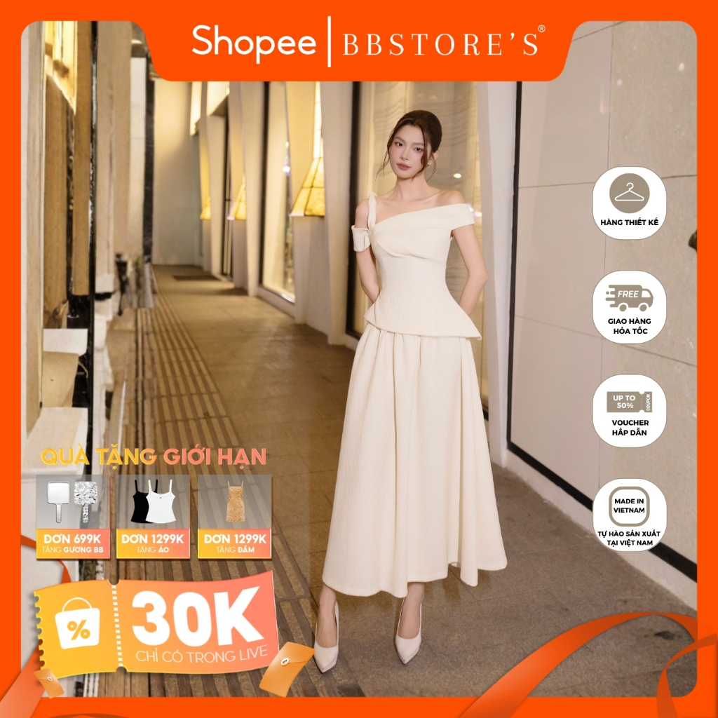 [BBSTORE'S] Đầm Xòe Tiệc Dài Xoắn Vai Chất Xốp Dập Cao Cấp - D4546B