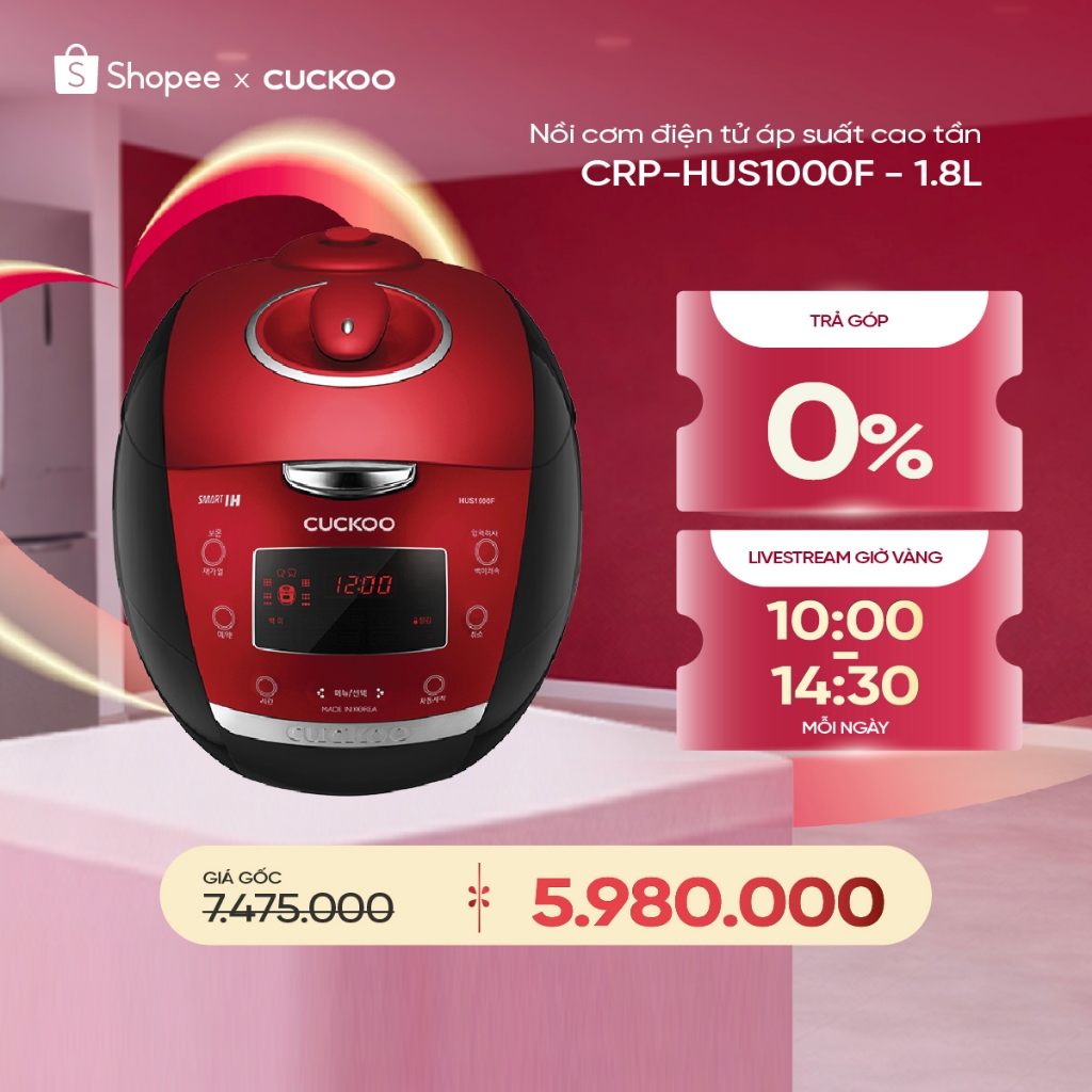 Nồi cơm điện tử áp suất cao tần Cuckoo 1.8 lít CRP-HUS1000F màu đỏ- lòng nồi chống dính cao cấp phủ 