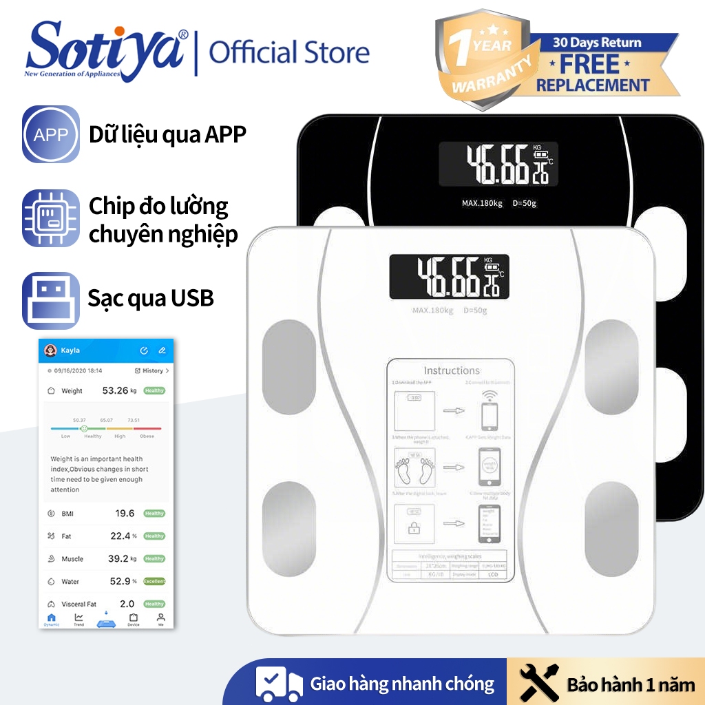 Cân Điện Tử Sạc USB Kết Nối Bluetooth Phân Tích Chỉ Số Cơ Thể Trọng Lượng Tối Đa 180kg