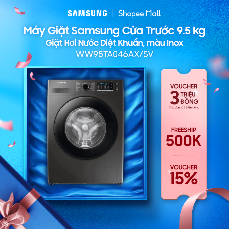 Máy Giặt Samsung Cửa Trước 9.5 kg WW95TA046AX/SV -  Giặt Hơi Nước Diệt Khuẩn, màu Inox