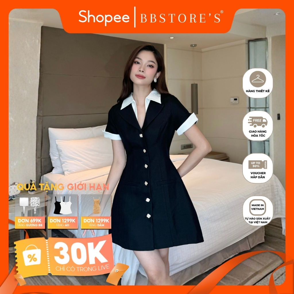 BBSTORE’S Đầm Sơ Mi Chữ A Phối Cổ Trắng Thanh Lịch - D3421