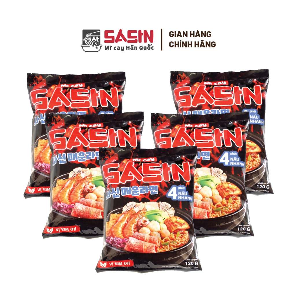 Combo 5 gói Mì cay Sasin vị kim chi và 5 gói sốt cay