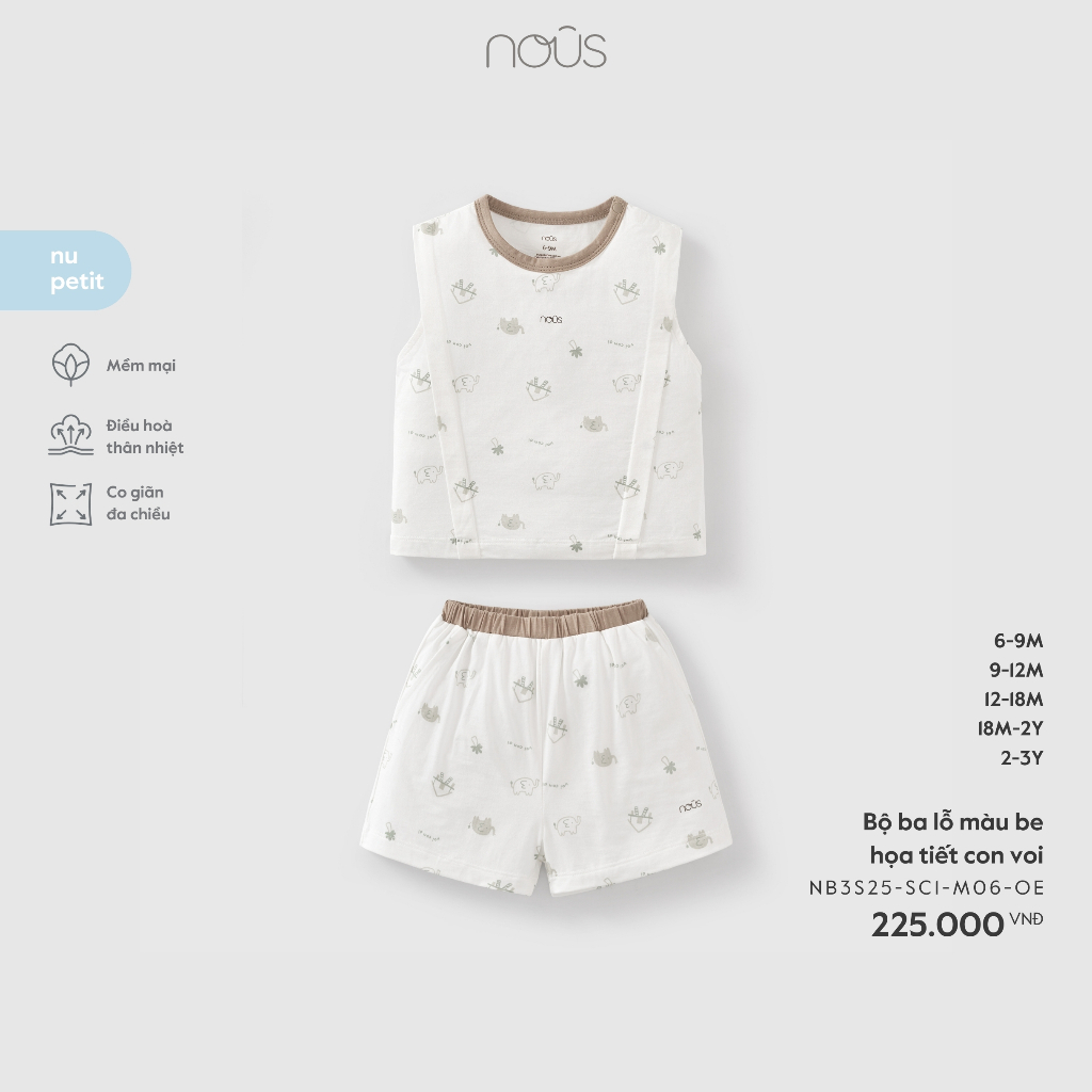 Nous Baby Bộ ba lỗ bé trai bé gái, bộ quần áo mặc nhà mềm mát cho bé in họa tiết dễ thương từ 7.5-15kg BST T3