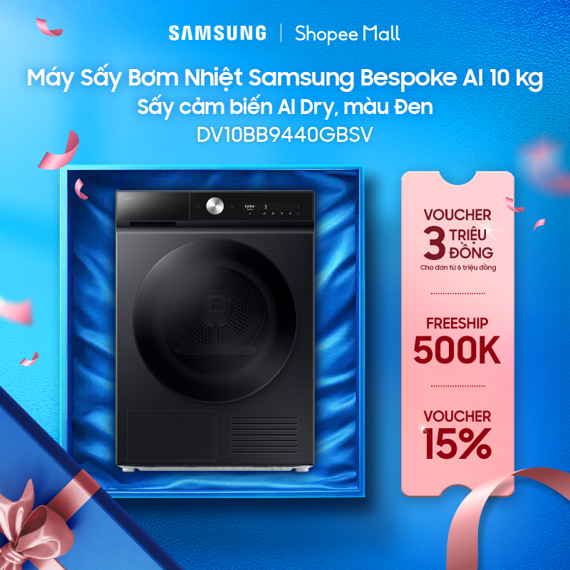 Máy Sấy Bơm Nhiệt Samsung Bespoke AI 10 kg DV10BB9440GBSV - Sấy cảm biến AI Dry, màu Đen