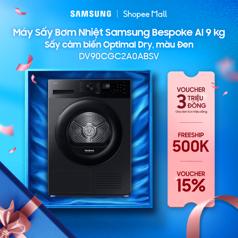 Máy Sấy Bơm Nhiệt Samsung Bespoke AI 9 kg DV90CGC2A0ABSV - Sấy cảm biến Optimal Dry, màu Đen