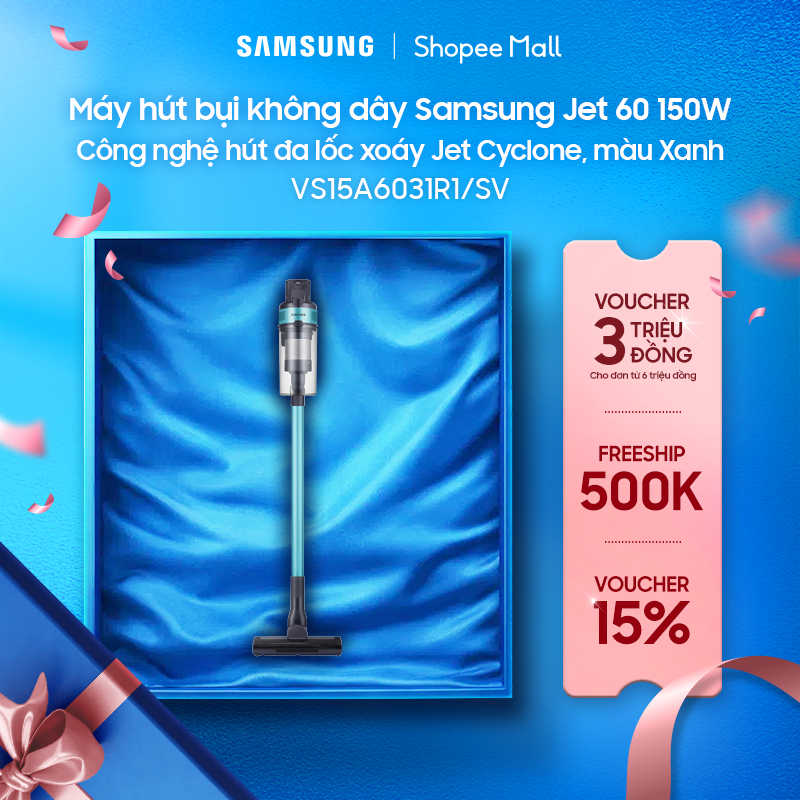 Máy hút bụi không dây Samsung Jet 60 150W VS15A6031R1 - Công nghệ hút đa lốc xoáy Jet Cyclone, màu Xanh