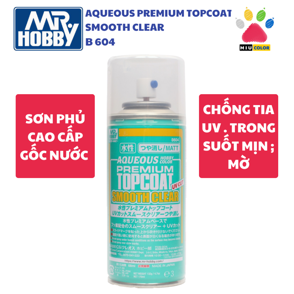 TOPCOAT MR.HOBBY - AQUEOUS PREMIUM TOPCOAT SMOOTH CLEAR - Sơn phủ trong suốt mịn, mờ, chống tia UV 1
