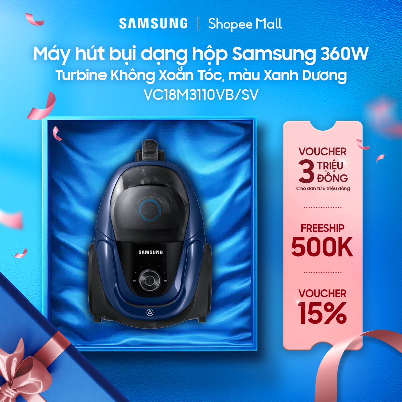 Máy hút bụi dạng hộp Samsung 360W VC18M3110VB/SV - Turbine Không Xoắn Tóc, màu Xanh Dương