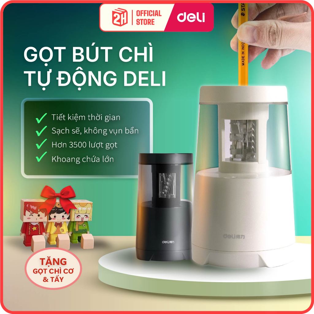 Gọt bút chì điện Deli, Gọt bút chì tự động size to, chuốt bút chì tự động, sử dụng đến 5 năm - VPP