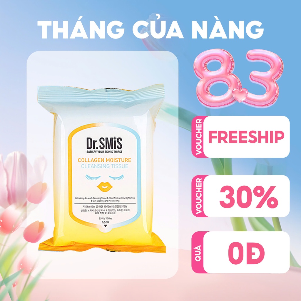 Khăn ướt tẩy trang Dr.SmiS Collagen Daycell làm sạch da tiện lợi túi 25 miếng