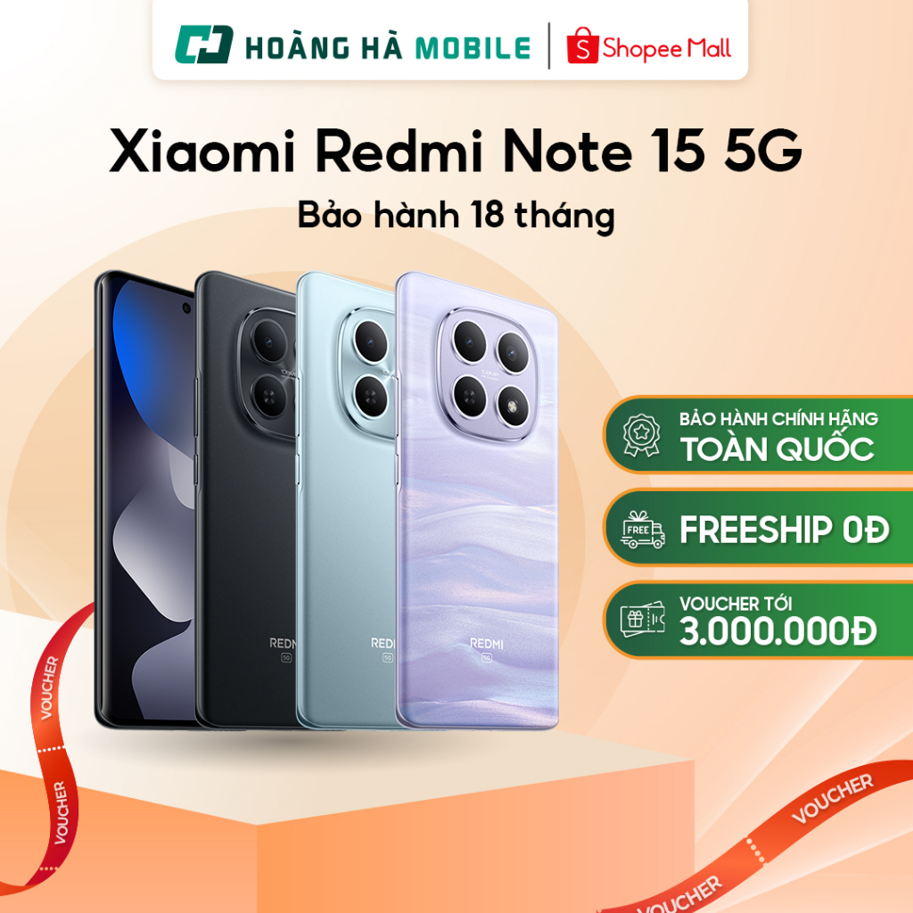 Điện thoại Xiaomi Redmi Note 15 5G 6GB/128GB - Pin 5520mAh - Bảo hành chính hãng (Nguyên Seal chưa Active)