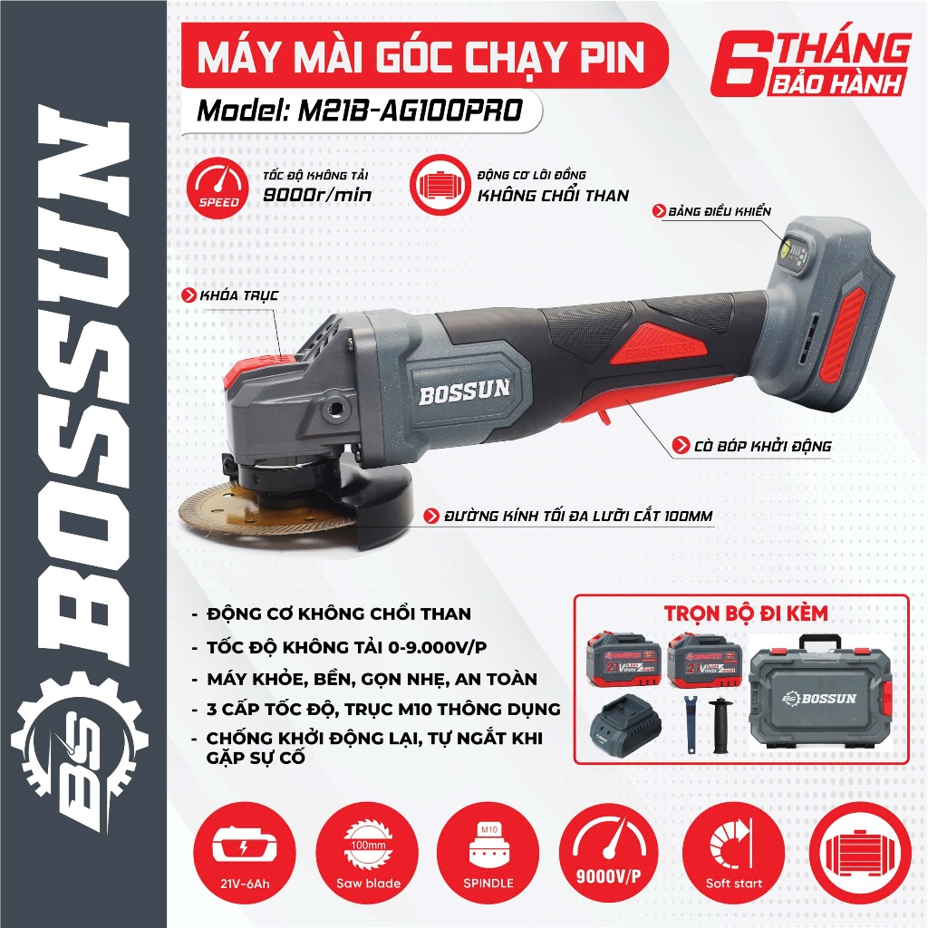 Máy cắt mài góc pin BS BOSSUN M21B-AG100PRO, 3 mức tốc độ, Ngắt khi gặp sự cố, Chống khởi động lại