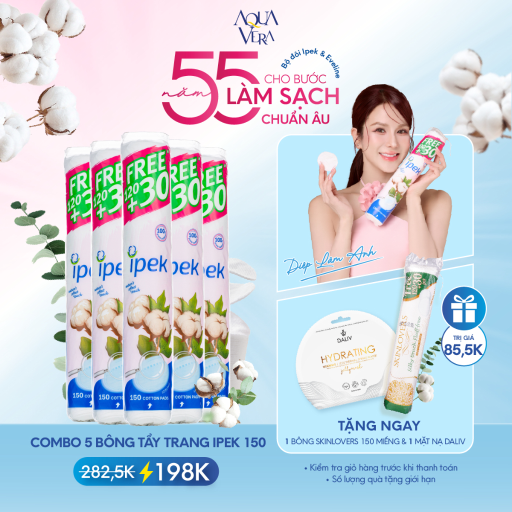 [IPEK x DLA] Combo 5 cây bông tẩy trang IPEK Thổ Nhĩ Kỳ siêu mềm mịn 150 miếng (5x150 miếng)