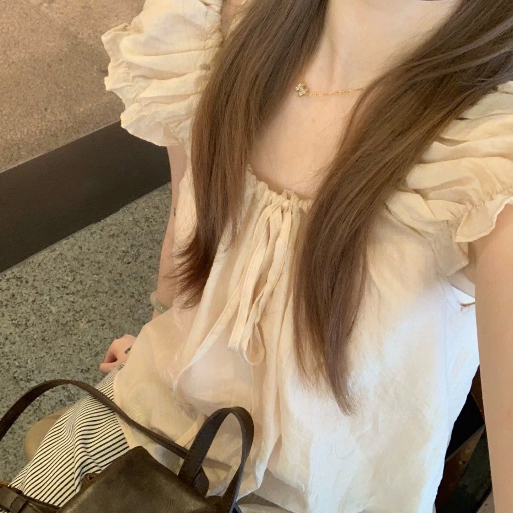 Áo kiểu nữ YUMMY dáng babydoll viền bèo thắt nơ ngực, Áo sơ mi dáng suông rộng tiểu thư Hàn Quốc A44 | BigBuy360 - bigbuy360.vn