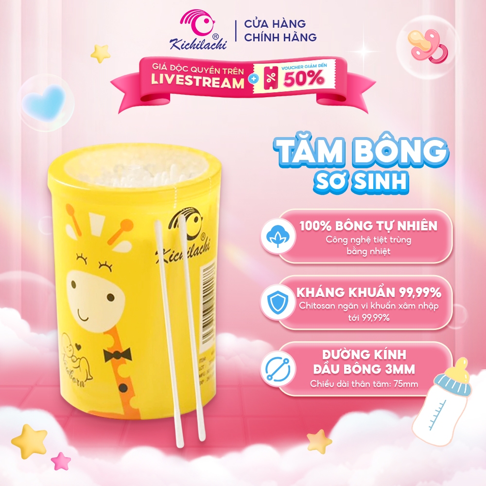 Tăm Bông Sơ Sinh Newborn Hộp Vàng Kichilachi, Bông Ngoáy Tai Cho Bé Sơ Sinh Hình Hươu Siêu Nhỏ