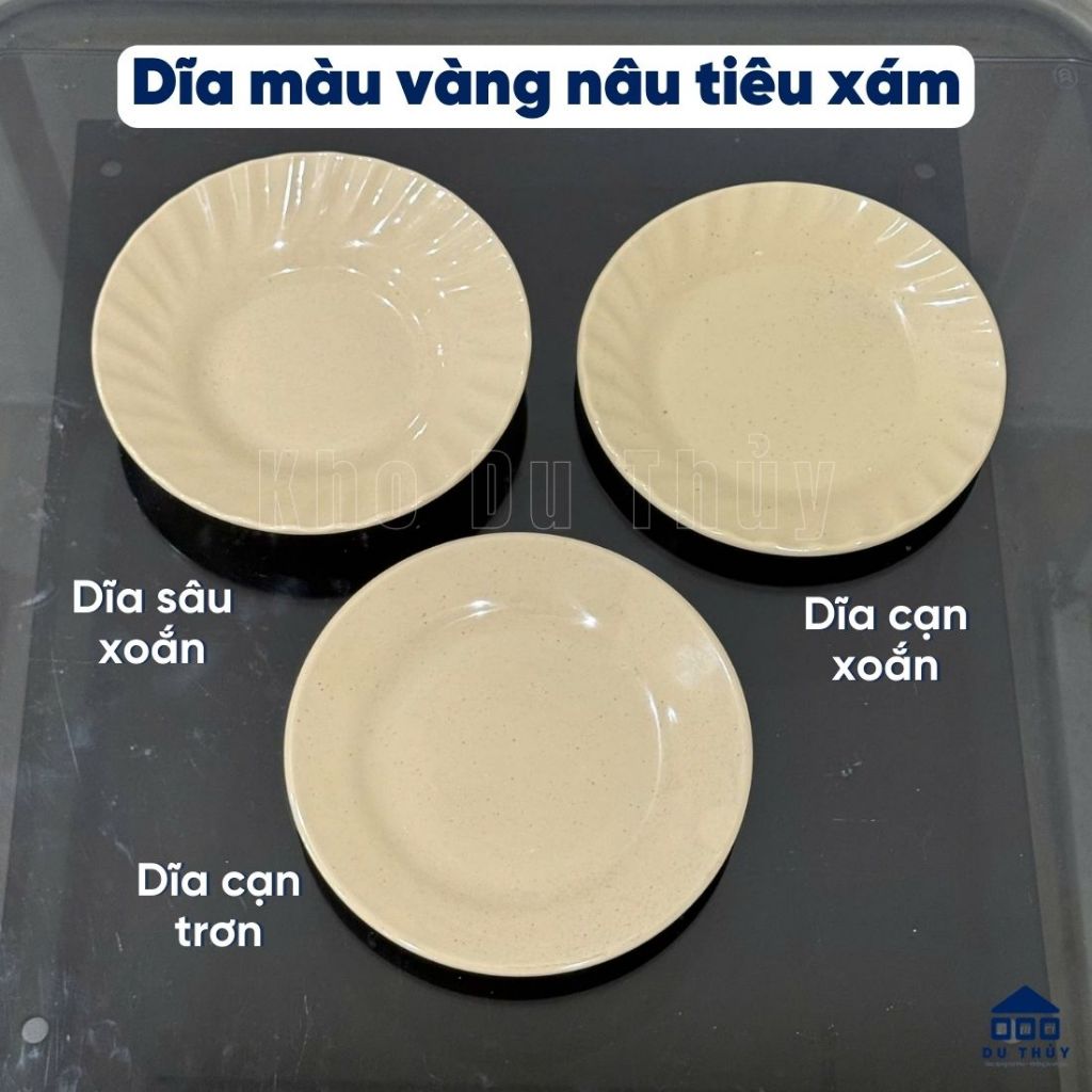 Dĩa tròn màu vàng nâu chất liệu nhựa melamine nhựa phíp phù hợp làm dĩa bán cơm, dĩa ốc, đĩa quán ăn