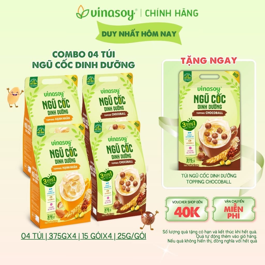 Combo 04 túi ngũ cốc dinh dưỡng Vinasoy Topping Hạnh Nhân/Chocoball (4 túi | 60 gói x 25g | 375gx4)