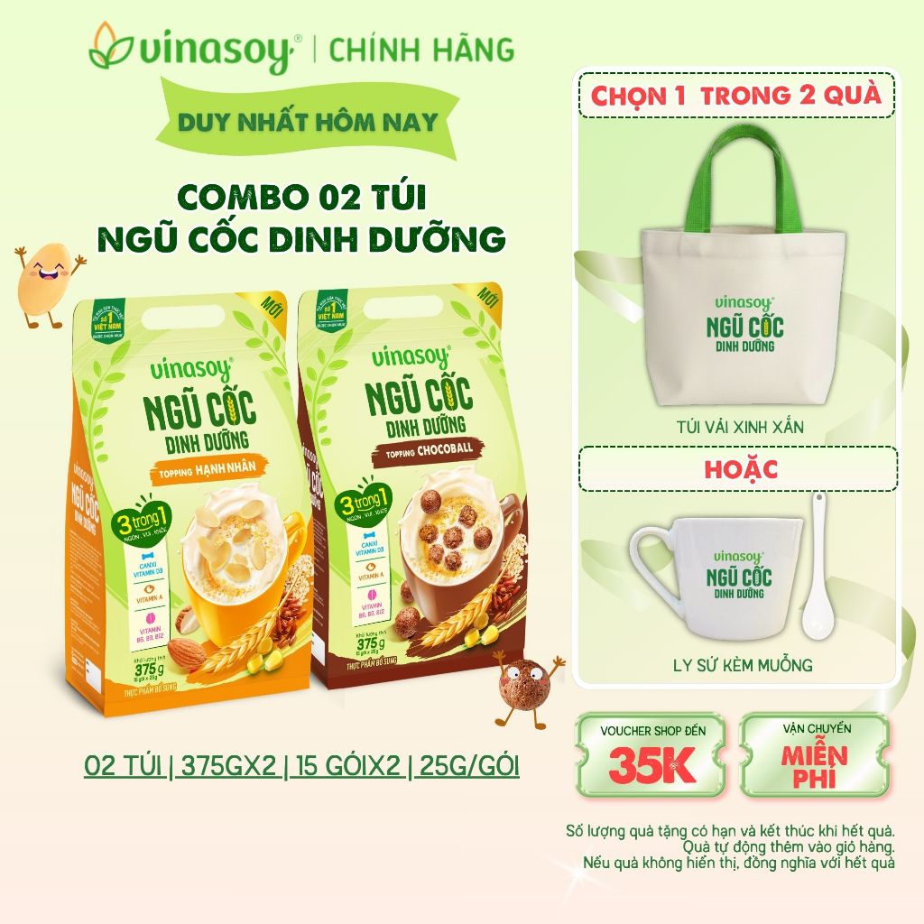 Combo 02 túi ngũ cốc dinh dưỡng Vinasoy Topping Hạnh Nhân/Chocoball (2 túi | 30 gói x 25g | 375gx2)