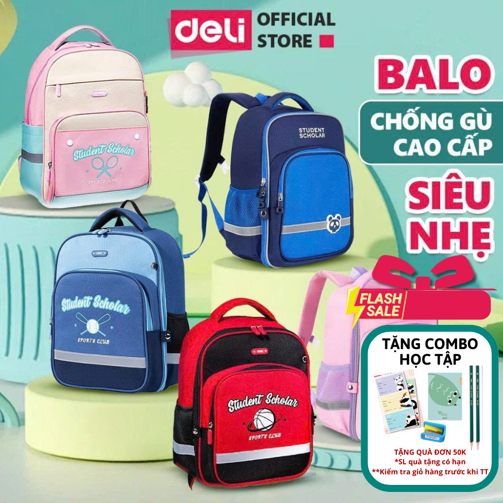 [TẶNG COMBO HỌC TẬP] Balo Chống Gù Deli - Cặp Cho Bé Tiểu Học Siêu Nhẹ Vải Oxford Chống Nước Bụi Hoạt Hình Dễ Thương Màu