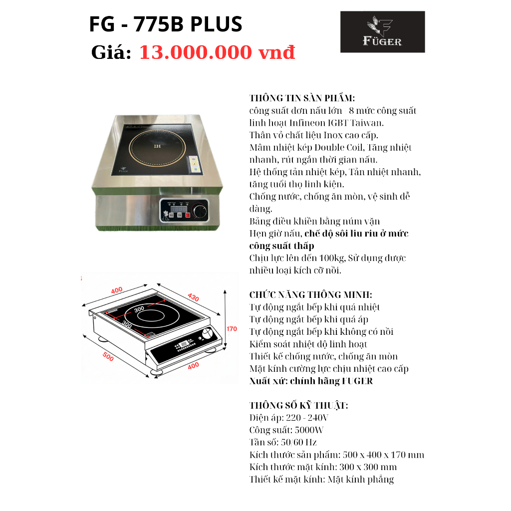FG 775BPLUS/ Bếp Từ Công Nghiệp 5000W Công Suất Lớn Cho Nhà Hàng, Quán Ăn
